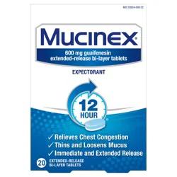 Chest Congestion, Mucinex Expectorant 12 Hour Extended Release Tablets, 20ct, 600 mg Guaifenesin with Extended Relief of Chest Congestion