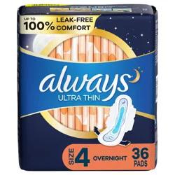 Always Ultra Thin Overnight Pads with Wings - Unscented - Size 4 - 36ct