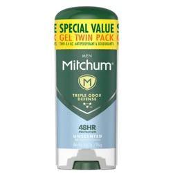 Mitchum Men's Antiperspirant & Deodorant Triple Odor Defense Gel Stick, 48 Hr Protection, Unscented - Unscented - 3.4oz/2pk