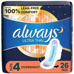 Always Ultra Thin Overnight Pads with Wings Unscented - Size 4 - 26ct