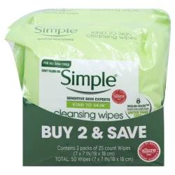 Simple Cleansing Facial Wipes Kind to Skin, Twin Pack