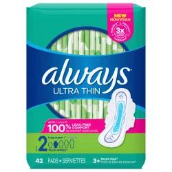 Always Ultra Thin Pads with Flexi-Wings, Size 2, Long Super, Unscented, 42 CT