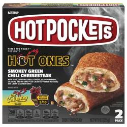 Hot Pockets Hot Ones Smokey Green Chili Cheesesteak Frozen Snacks in a Crispy Buttery Crust, Steak and Cheese Sandwiches Made with Real Cheddar Cheese, 2 Count Frozen Sandwiches