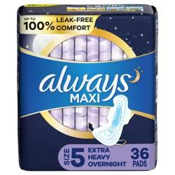Always Maxi Extra Heavy Overnight Pads with Wings - Size 5 - Unscented - 36ct