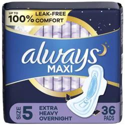 Always Maxi Extra Heavy Overnight Pads with Wings - Size 5 - Unscented - 36ct