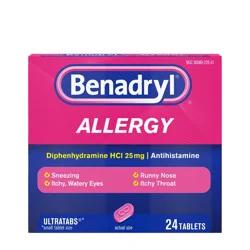Benadryl Ultratabs Antihistamine Allergy Relief Medicine, 25 mg Diphenhydramine HCl Tablets For Relief of Cold & Allergy Symptoms Such as Sneezing, Runny Nose, & Itchy Eyes & Throat, 24 ct