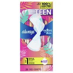 Always Radiant FlexFoam Teen Pads Regular Absorbency, 100% Leak Free Protection is possible, with Wings, Unscented, 28 Count