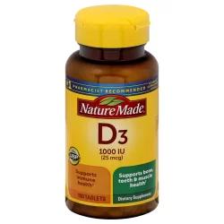 Nature Made Vitamin D3, 100 Tablets, Vitamin D 1000 IU (25 mcg) Helps Support Immune Health, Strong Bones and Teeth, & Muscle Function, 125% of the Daily Value for Vitamin D in Only One Daily Tablet