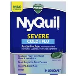 Vicks NyQuil SEVERE Cold & Flu Medicine, Maximum Strength 9-Symptom Nighttime Relief for Headache, Fever, Sore Throat, Minor Aches and Pains, Nasal Congestion, Sinus Pressure, Sneezing, Runny Nose and Cough, 24 Liquicaps