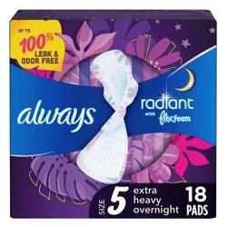 Always Radiant Overnight Feminine Pads for Women Extra Heavy Nighttime with Wings- Scented - Size 5 - 18ct