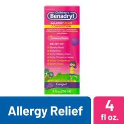 Benadryl Allergy Plus Congestion Relief Liquid Medicine with Diphenhydramine HCl Antihistamine & Phenylephrine HCl Nasal Decongestant, Alcohol- & Sugar-Free, Grape