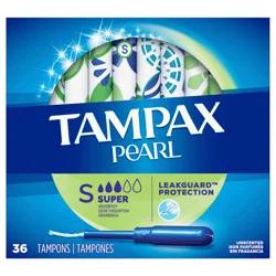 Tampax Pearl Tampons Super Absorbency with BPA-Free Plastic Applicator and LeakGuard Braid, Unscented, 36 Count