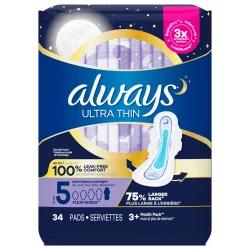 Always Ultra Thin Overnight Pads with Wings, Size 5, Extra Heavy Overnight, Unscented, 34 Count