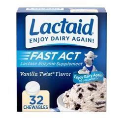 Lactaid Fast Act Lactose Intolerance Relief Chewables with Natural Lactase Enzyme to Prevent Gas, Bloating & Diarrhea Due to Lactose Sensitivity, On-the-Go, Vanilla Twist Flavor, 32