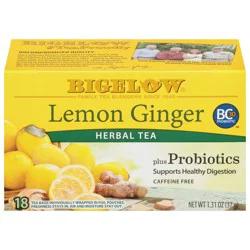 Bigelow Lemon Ginger Probiotics, Caffeine Free Herbal Tea Bags, 18 Ct