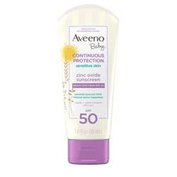Aveeno Continuous Protection Zinc Oxide Mineral Sunscreen Lotion for Sensitive Skin, Broad Spectrum SPF 50, Tear-Free, Sweat- & Water-Resistant, Paraben-Free, Travel-Size