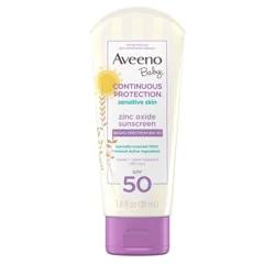 Aveeno Continuous Protection Zinc Oxide Mineral Sunscreen Lotion for Sensitive Skin, Broad Spectrum SPF 50, Tear-Free, Sweat- & Water-Resistant, Paraben-Free, Travel-Size, 3 fl. oz