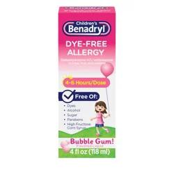 Benadryl Dye-Free Allergy Liquid Medication with Diphenhydramine HCl, Antihistamine Allergy Relief Medication for Kids, Dye-Free, Alcohol-Free, Bubble Gum Flavor