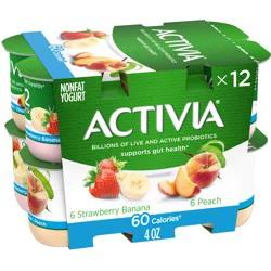 Activia 60 Calories Strawberry Banana & Peach Nonfat Yogurt, Delicious Probiotic Yogurt Cups to Help Support Gut Health, 12 Ct, 4 OZ