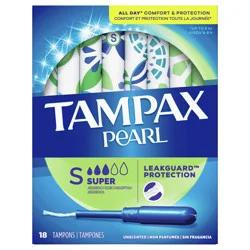 Tampax Pearl Tampons Super Absorbency with BPA-Free Plastic Applicator and LeakGuard Braid, Unscented, 18 Count