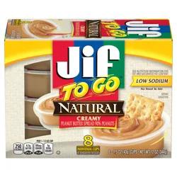 Jif To Go Natural Creamy Peanut Butter Spread, 8- 1.5 Ounce Cups, Smooth and Creamy Texture, Snack Size Packs