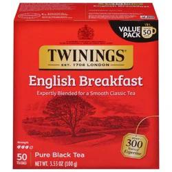 Twinings of London English Breakfast Tea Flavourful Caffeinated for Energy Pure Black Tea Bags, Hot or Iced, 50 Count