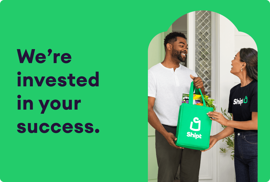 Bag hand off at front door with the text overlay: We’re invested in your success.