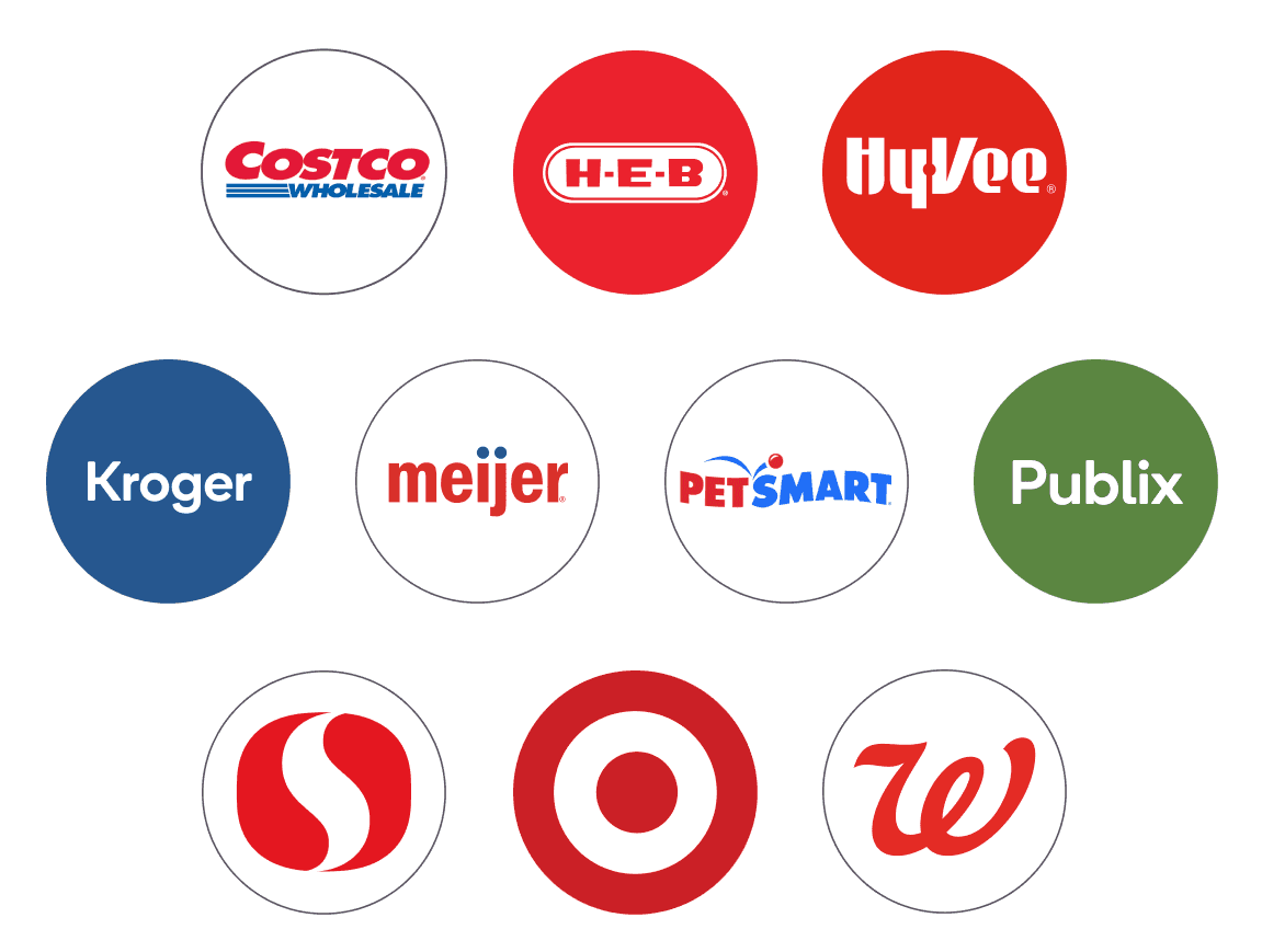 10 retailer logos : Best Buy, Costco, GNC, HEB, Meijer, Office Depot Office Max, Petsmart, Sephora, Target, Walgreens