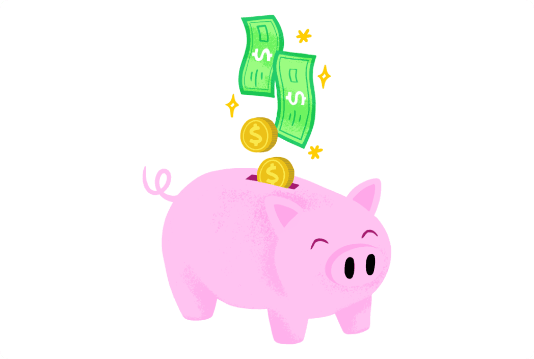 Illustration of piggy bank with money.