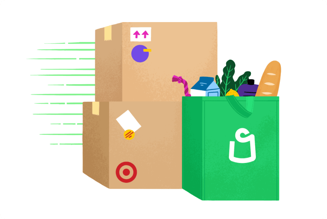 Illustration of Target packages and Shipt green tote bag